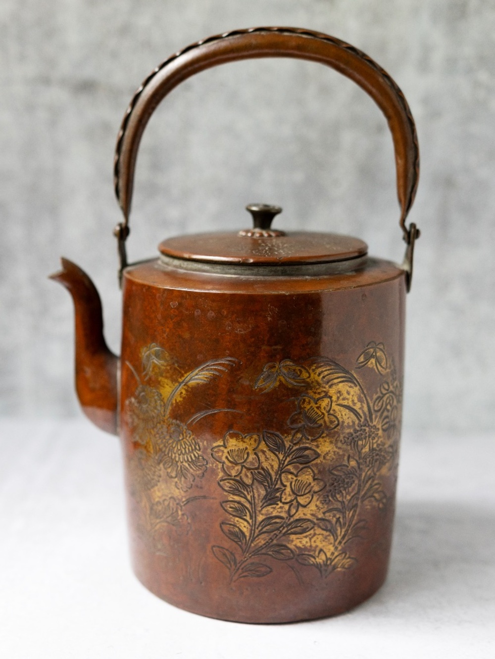 Vintage Asian brown copper brass large teapot kettle with floral design 7" tall